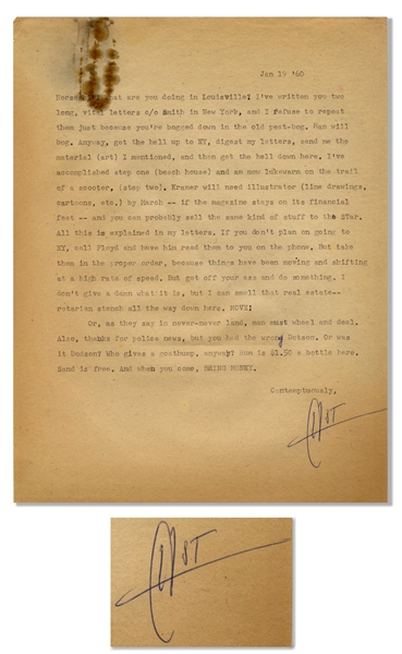Hunter S. Thompson Letter Signed ''HST'' From 1960, Telling His Friend to Get Out of Their Hometown of Louisville -- ''I can smell that real estate-- rotarian stench all the way down here. MOVE!''